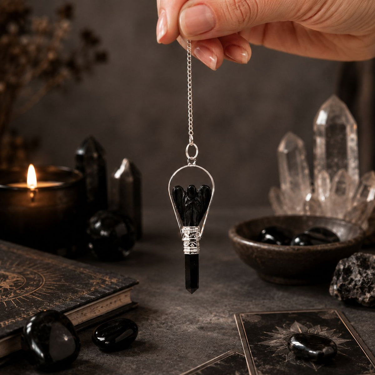 Angel Pendulum with Ring- Black Agate