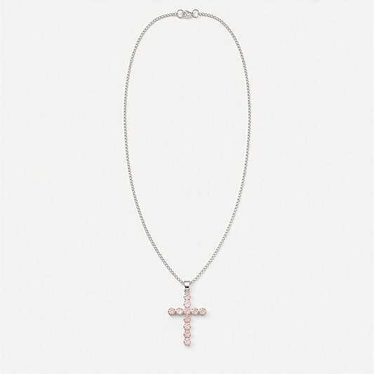 Indian Devotional Pendant - Silver Plated (45cm Chain)- Rose Quartz Crucifix
